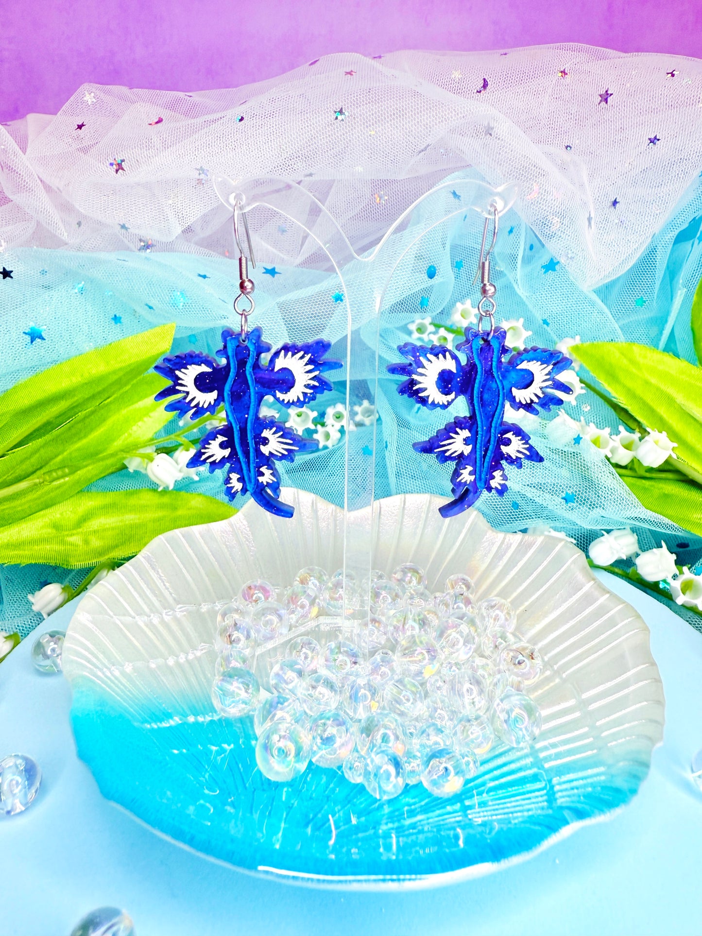 Blue Glaucus (Blue Dragon) Sea Slug Acrylic Earrings (V2)