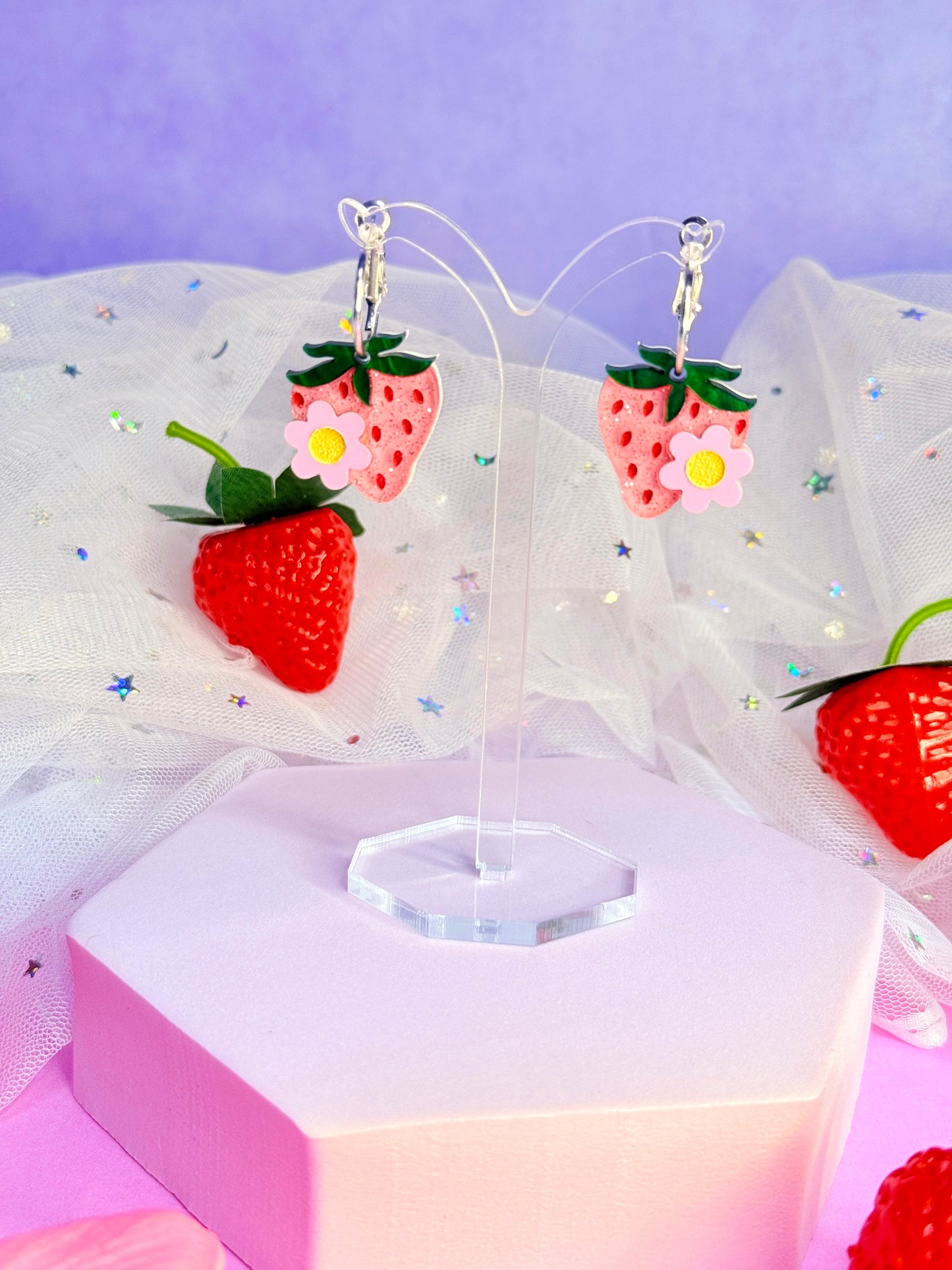 Mini Pink Strawberry Acrylic Earrings