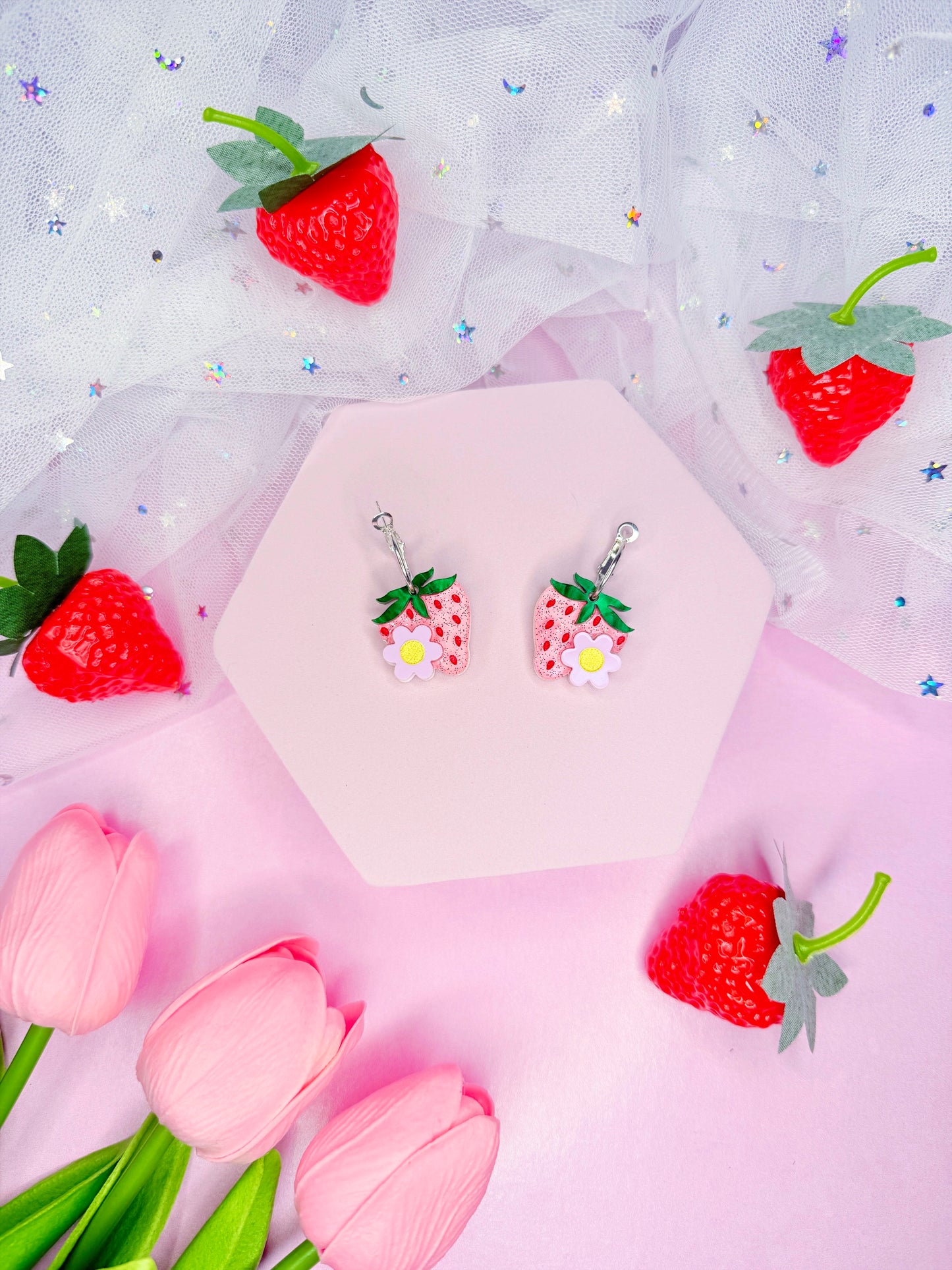 Mini Pink Strawberry Acrylic Earrings