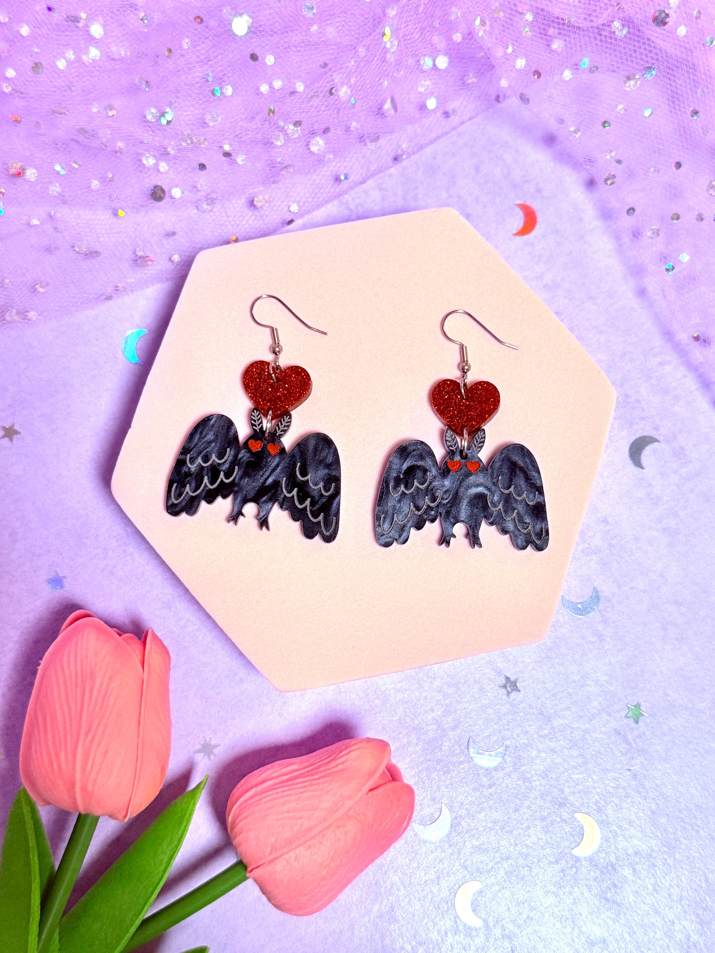 Mothman in Love, Acrylic Earrings (Classic Black)