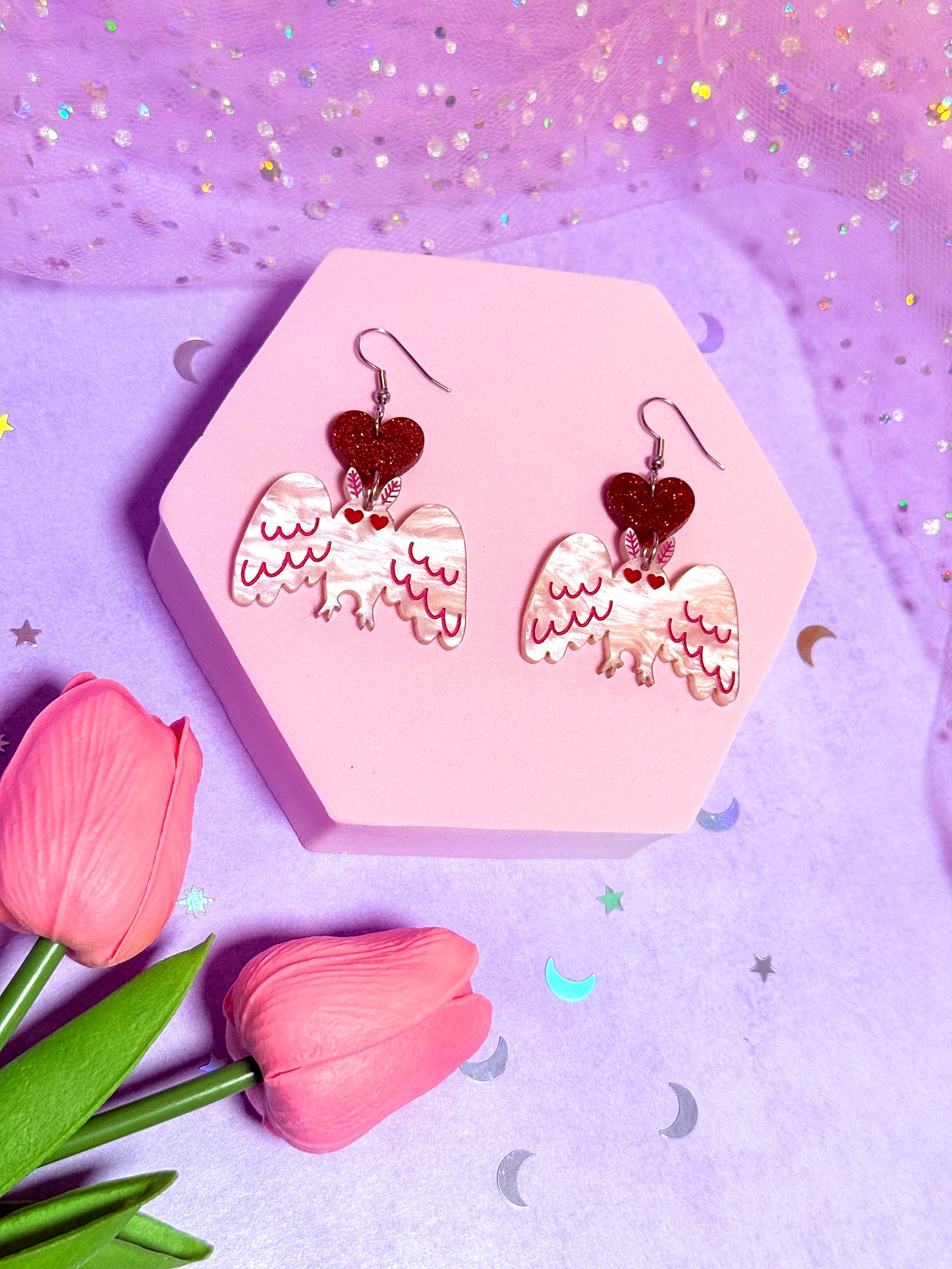 Mothman in Love, Acrylic Earrings (Ice Pink Swirl)