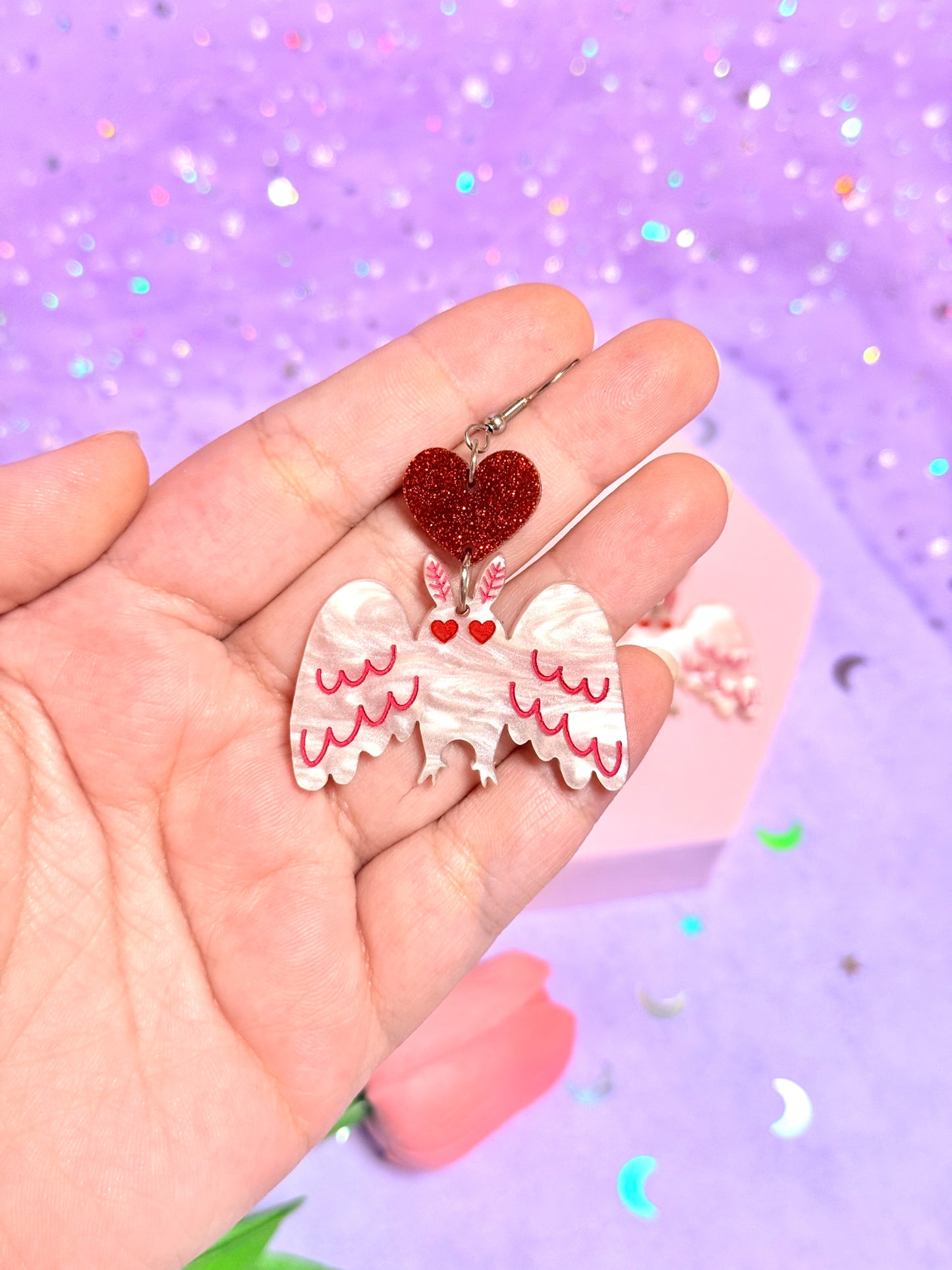 Mothman in Love, Acrylic Earrings (Ice Pink Swirl)