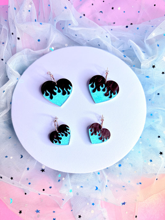 Heart on Fire, Acrylic Earrings (Blue)